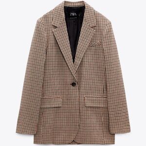 ZARA Brown/Black Check 4-Way Stretch One-Button Blazer S